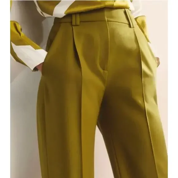 The Fold Pants 6 Talia Pleated Wool Straight Leg Trouser Olive Green Work Office